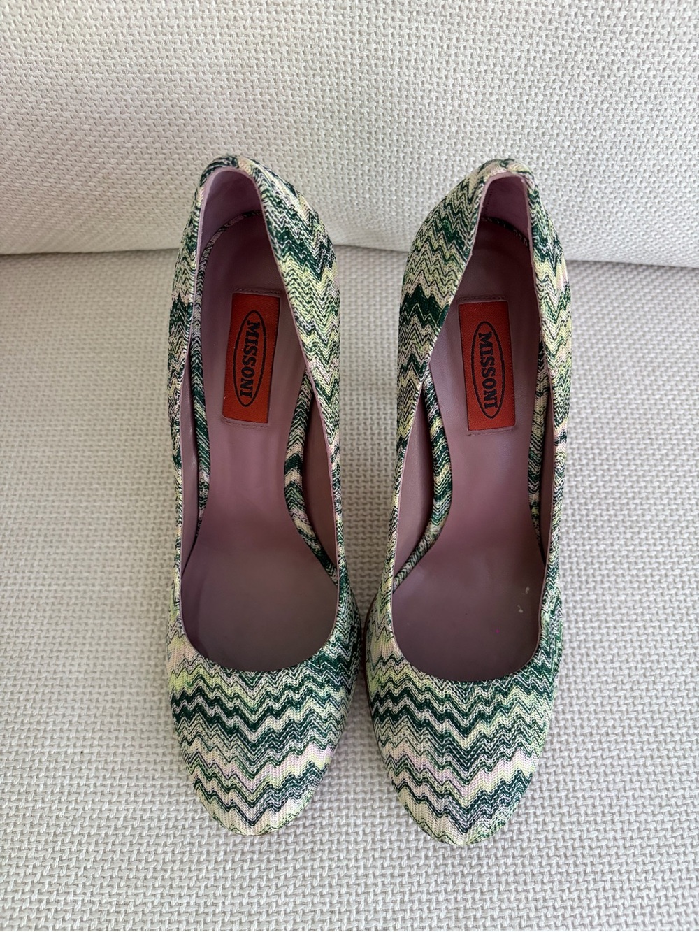 Missoni Green Zigzag Knit Pumps with Pink Lining